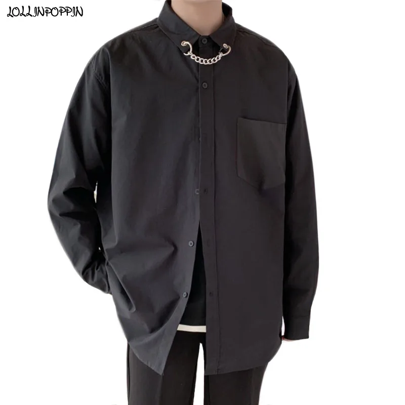

Chain Collar Men Black / White Shirt Long Sleeves 2020 New Punk Style Mens Casual Shirts Turn Down Collar