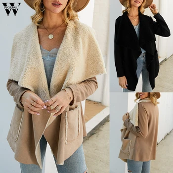 

Womail Women Jacket Plush coat autumn winter Fleece Warm Jacket Casual Patchwork Knit Cardigan Woolen jacket Korean Coat Casacos