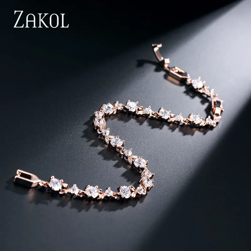 ZAKOL Exquisite Oval Zirconia Crystal Leaf Bracelet Bangles Shiny Rose Gold Color CZ Zircon Stone Jewelry For Girl Women FSBP134