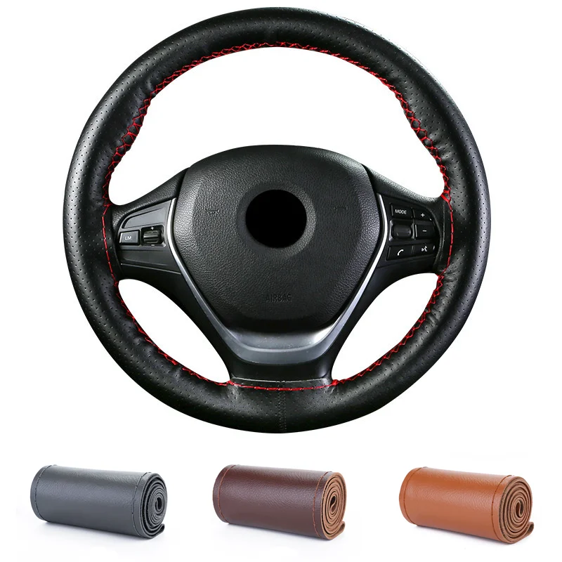 

WCaRFun Genuine Leather Braid Steering Wheel Cover Automobile Braiding Covers On The Steering Wheel for Car Interior Accessories