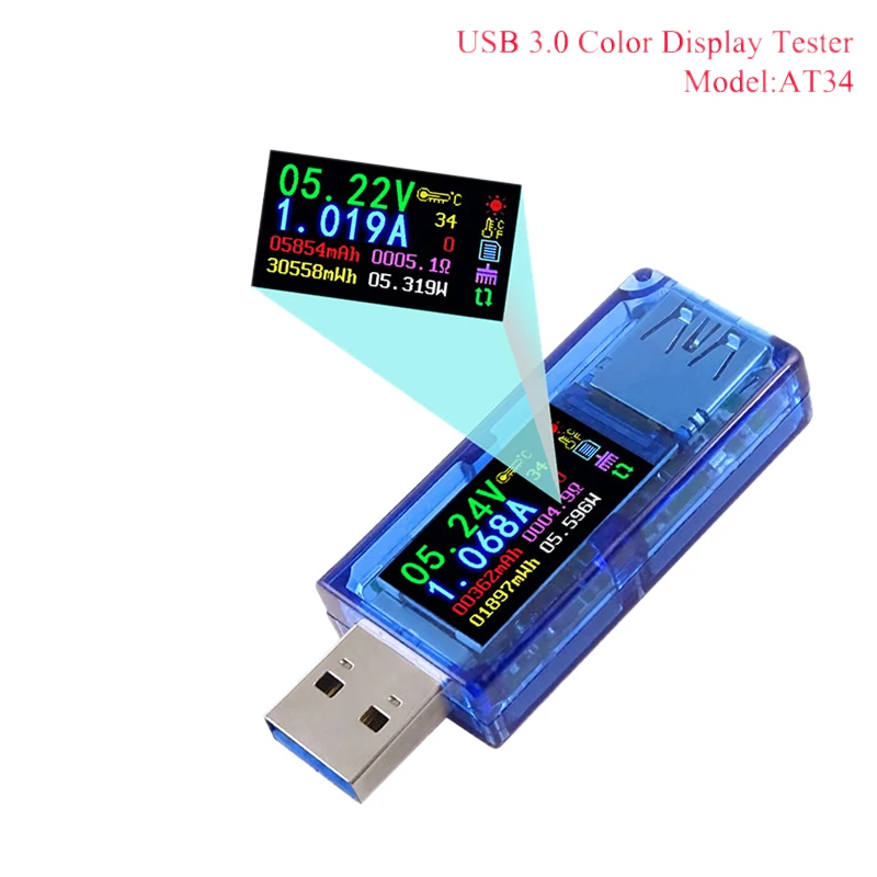 At34 Usb 3,0 цветной ЖК-Вольтметр Амперметр измеритель напряжения тока мультиметр Зарядка батареи банк питания Usb Тестер
