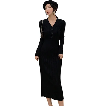 

Plus Size Sweater Dress Women V-Neck Sexy Long Maxi Vestidos Buttons Autumn Winter Solid Slim Party Dress Night Elastic Vestidos