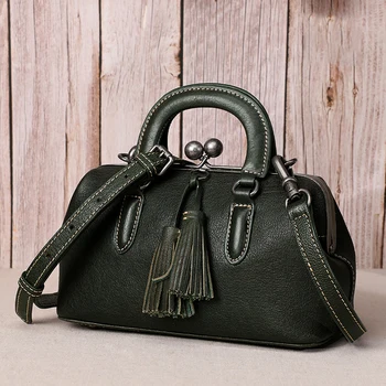 

Genuine Leather Vintage Clip Women Bag Tassel Clutches Boston bag Women Luxury Kiss Lock Handbag Female Messenger Bag Ladies Sac