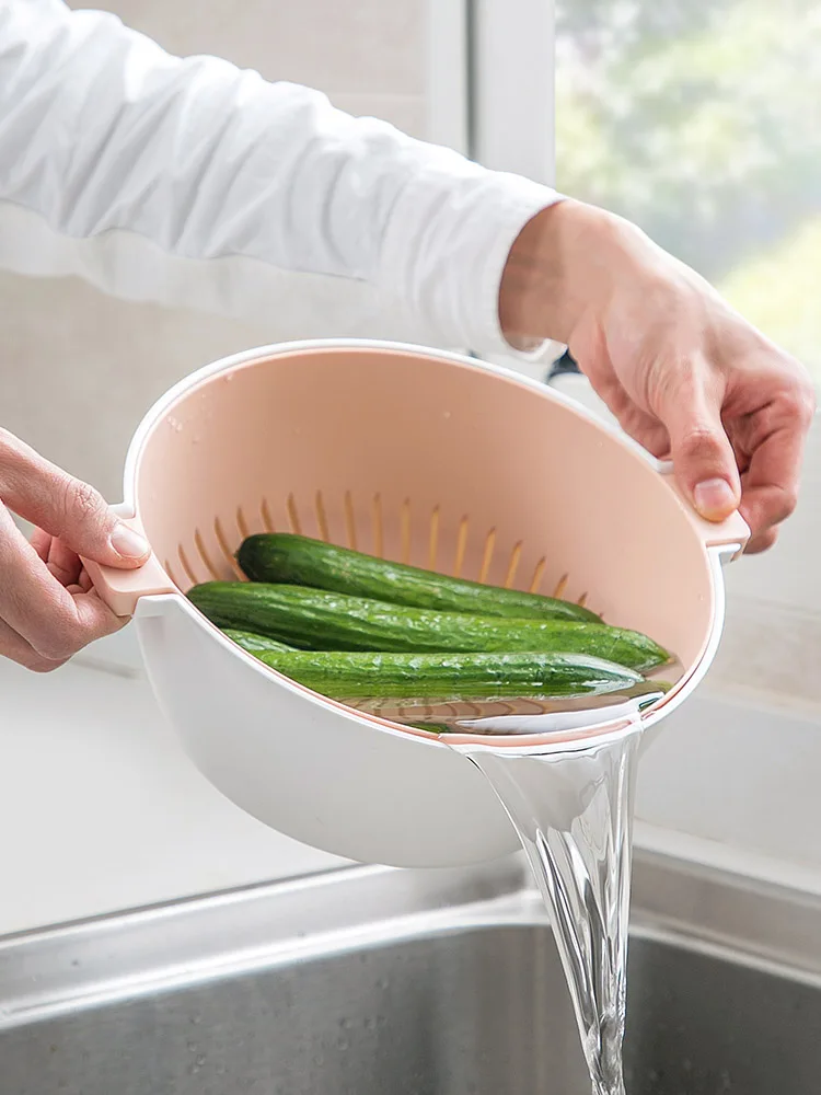

1pcs Drain Basket Rice Washing Colander Baskets Hollow Out Designed Vegetable Fruit Plastic Double Drain Basket kitchen Gadgets