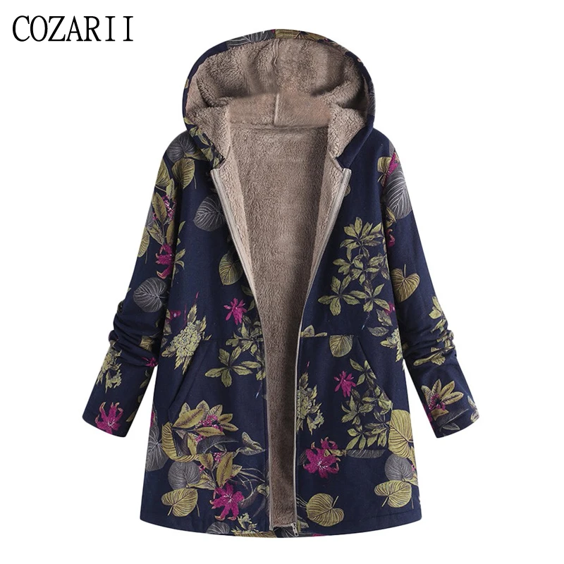 Goedkoop Vrouwen blend jas Winter Warm Bloemen Capuchon Bloemenprint Hoody Vintage Oversize Jassen Winter Gewatteerde Jas Vrouwen Parka