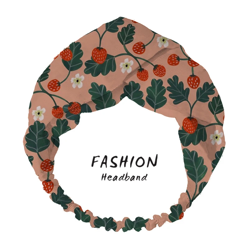 

2021 Women Fashion Headband Strawberries Print Hair Band Vintage Cross Turban Bandage Girls Head Bandanas Hair Accessories