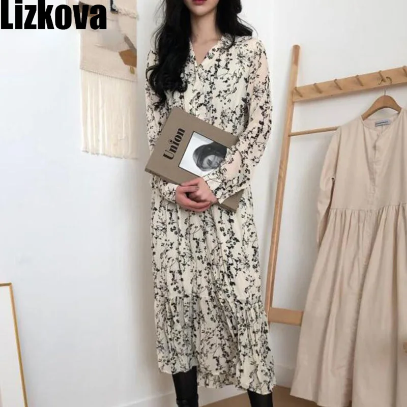 Autumn Chiffon Floral Dress Korean Style Elegant Long Sleeve Dress Sweet Girls Pleated Long Flower Dress