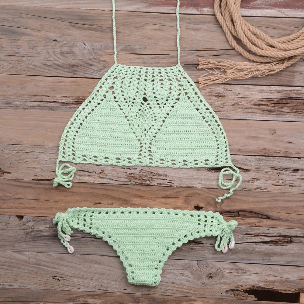 Women Sexy Micro Bikini Set G Thong String Lattice Hollow Bikinis Top Crochet Beach Swimwear Bathing Beachwear Set