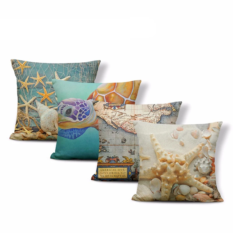 

Cute Romantic Pillowcase Starfish Map Turtle Shell Cartoon Pillow Living Room Polyester Linen Small Decoration Cushion Cover