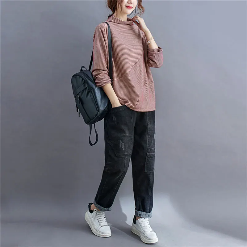 DIMANAF 2020 Plus Size T-Shirt Women Autumn Tops Striped Print Tshirt Casual Style Turtleneck Soft Cotton Show Thin Elegant Tees