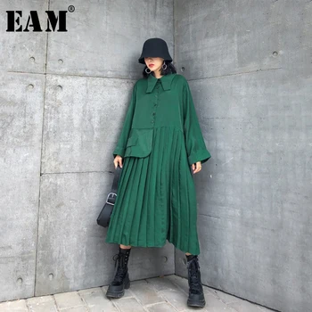 

[EAM] Women Green Pleated Big Size Long Shirt Dress New Lapel Long Sleeve Loose Fit Fashion Tide Spring Autumn 2020 1R804