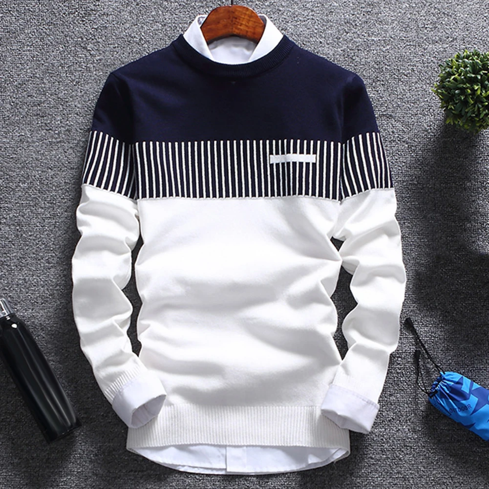 mens christmas sweater Fashion Men striped Sweater pullover Color Block Patchwork O Neck Long Sleeve Knitted Sweater Top Blouse For Warm Men's Clothing mens turtle neck jumper