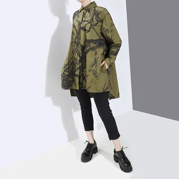 

XUXI Corea Mujeres Patrón Impreso Espalda Larga Gran Tamaño Blusa Nueva Solapa Manga Suelta Ajuste Camisa Moda Primavera FZ1026