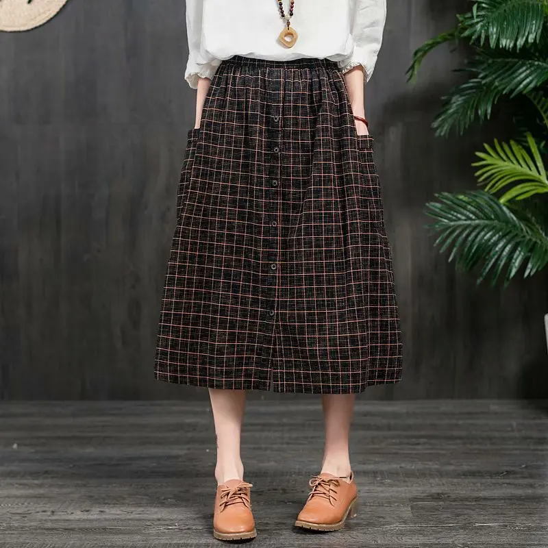 

2020 Spring New Style Retro Literature And Art High-waisted Thousands of Birds Buckle Cotton Linen Mid-length Skirt A- line Skir