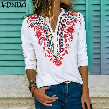 

VONDA Bohemian Blouse Sexy V Neck Printed Shirts 2020 Autumn Long Sleeve Blouses Vintage Party Tops Plus Size Spring Blusas 5XL