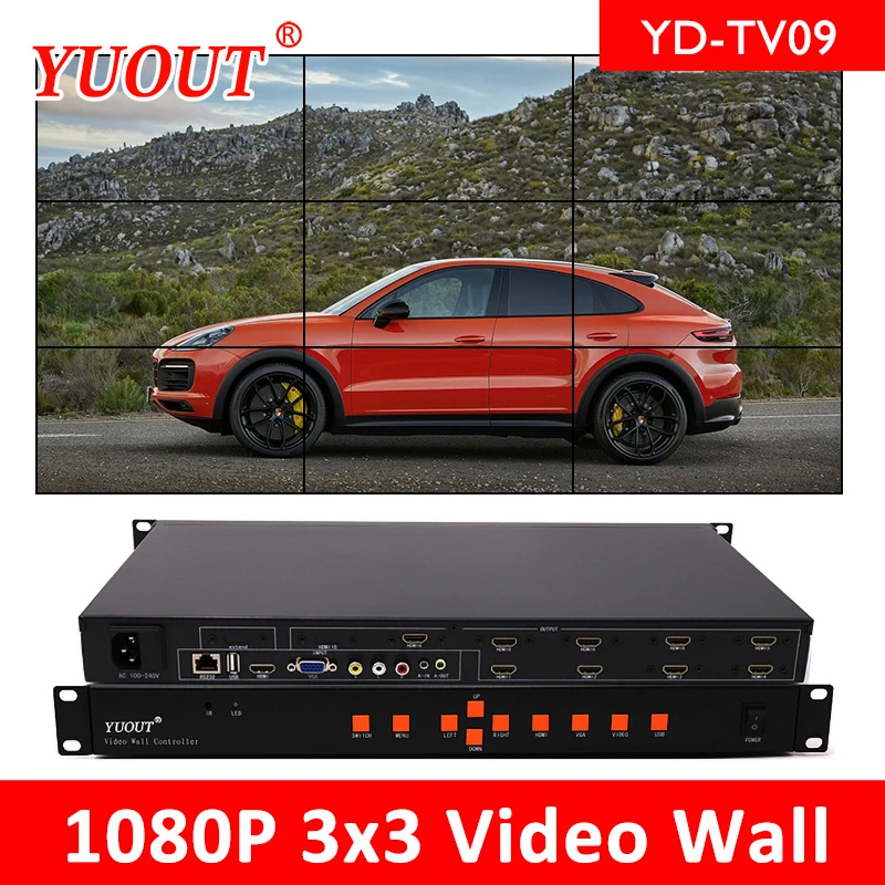 YUOUT YD TV09 3x3 HDMI видеоконтроллер настенный 2x2 + VGA AV светодиодный/LCD поддержка 180