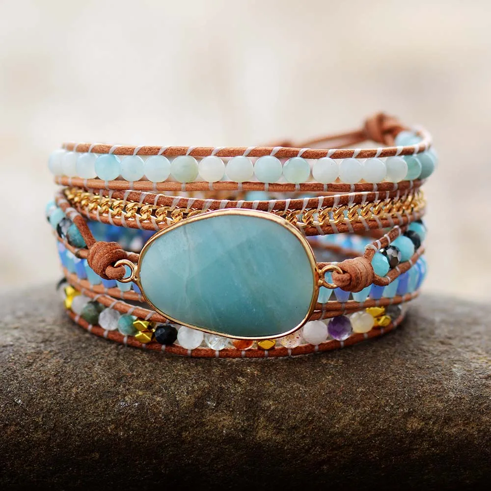 Exclusive Wrap Bracelets Jewelry Handmade Natural Stone Crystal Leather Wrap Bracelet Statement Cuff Bangles Bracelets Gifts