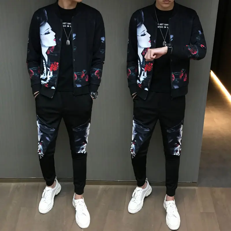 Society Trend Slim Fit Mens Set Coat Zipper Autumn Sportswear Print Casual Tracksuit Man Sweatshirt Man Jacket Plus Velvet