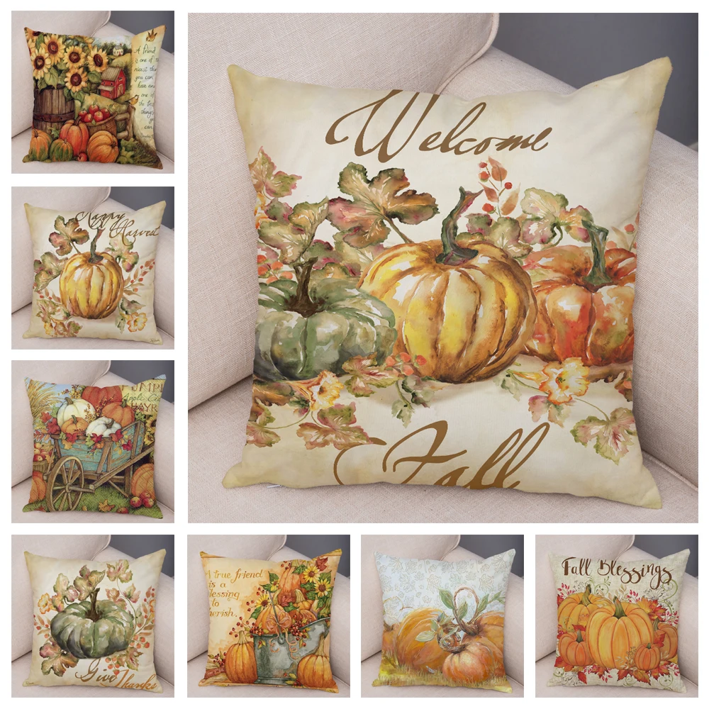 

Double Sided Print Watercolor Pumpkin Pillow Case Soft Plush 45*45cm Decor Plant Cactus Cushion Cover for Car Sofa Pillowcase