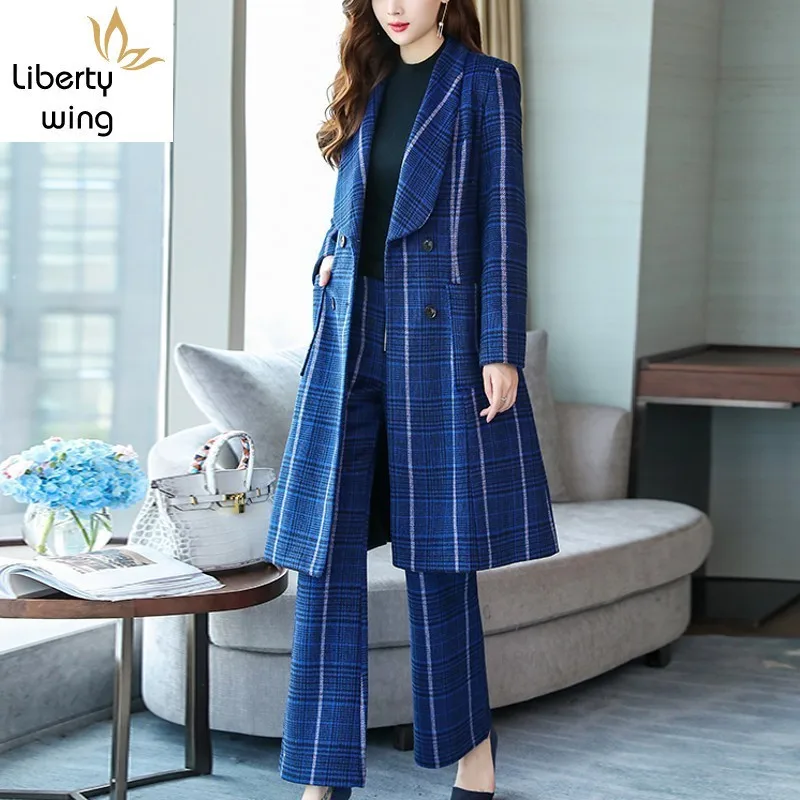 

Office Ladies Korean Plaid Slim Fit Womens Two Piece Suits Double Breasted Medium Coats Full Length Zip Wide Leg Pants