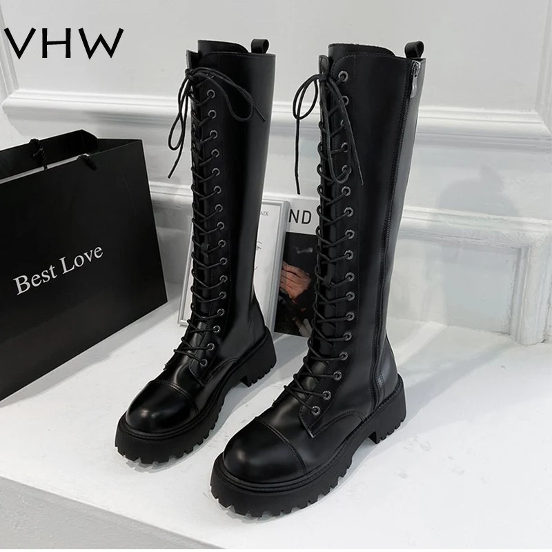 

Women Combat Boots Autumn 2020 Female High Platform Gothic Shoes Black Leather Boots Lace up Women Knee High Boots