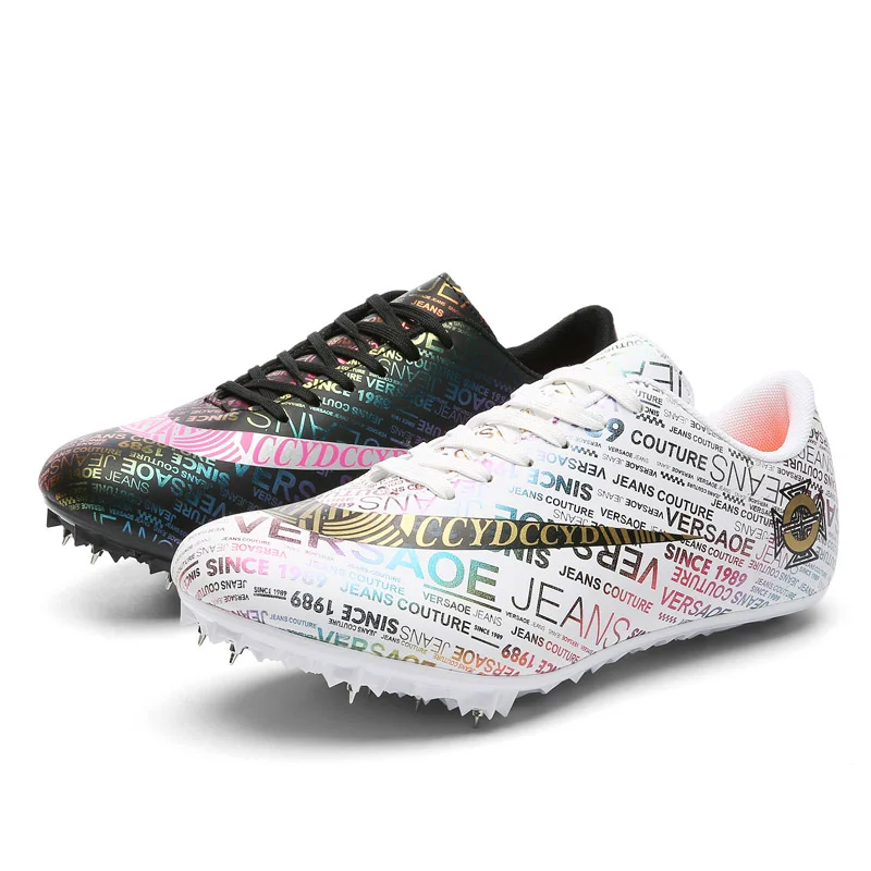Men Kids Track Field Training Spikes Shoes Women Athlete Running Nail Newspaper Graffiti Shoes Mens Spike Racing Sneakers