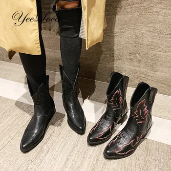 

Ankle Boots Women Cowboy Retro Genuine Leather Boots Low Heel Pointed Toe Western Boots Shoes Woman Cowgirl Botas Fenimina 2020