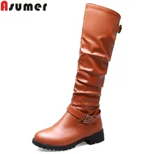 ASUMER/Большие размеры 34-46, модные сапоги до колена женские осенне-зимние сапоги на низком каблуке с круглым носком удобные женские сапоги на молнии