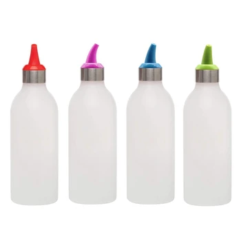 

4 Only Contains 450 Ml Plastic Squeeze Cruet - with Lid and Colored Bottle Head - for Condiments, Sauces, Grills, Sauces, Pies,