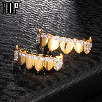 

Hip Hop Iced Out Micro Pave Full CZ Teeth Grillz Top&Bottom Charm Grills For Men Women Jewelry Gold Color