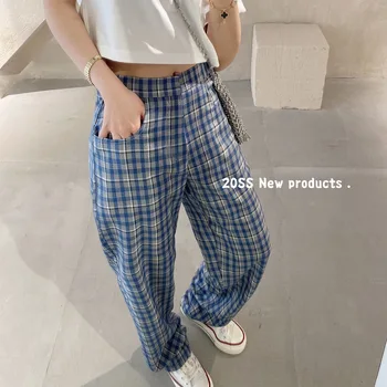 

2020 Summer Casual Slim Plaid Mop Pants Women's Loose Elastic Waist Straight Pants Fashion