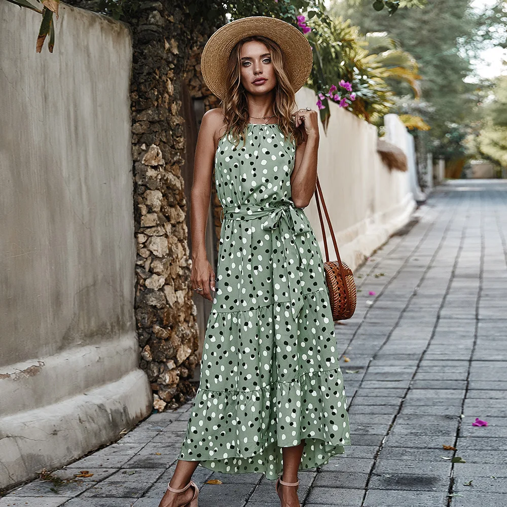 Print Dress Vacation-Style Big-Swing Long-Dot Fashion Summer Women O-Neck Sleeveless