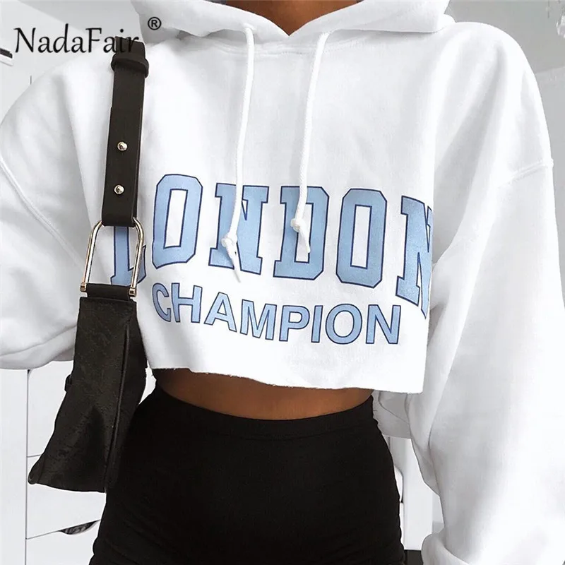 

Nadafair Print Blue Letter White Hooded Cropped Hoodies Women 2019 Long Sleeve Streetwear Short Sweatshirt Female