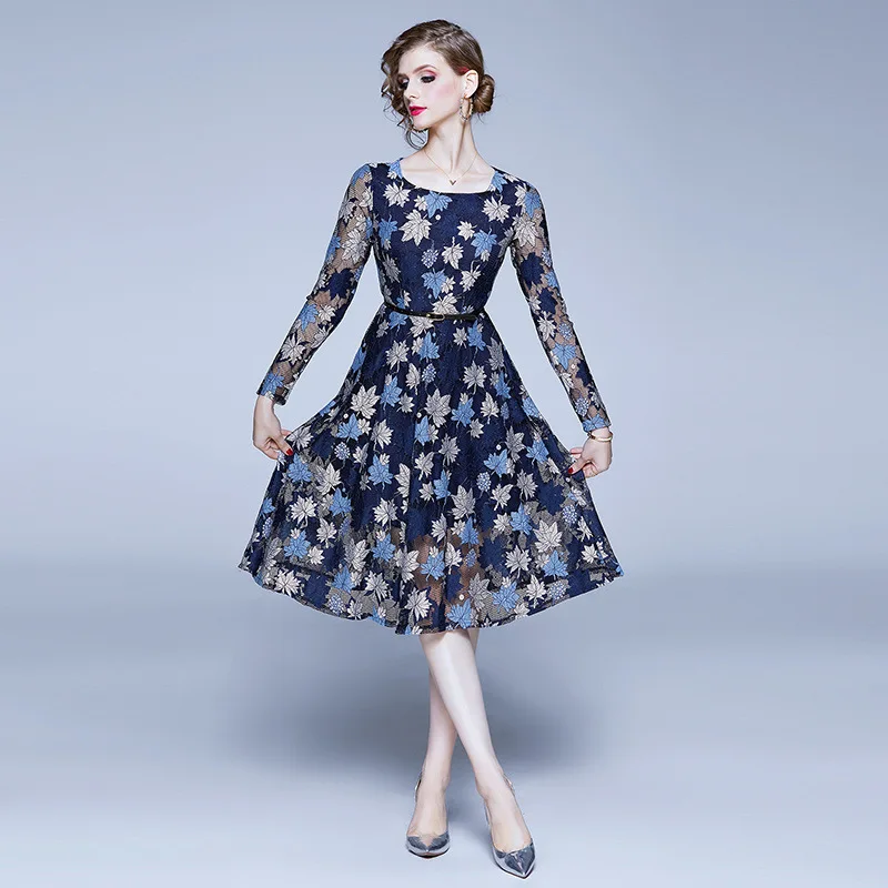 

Europe And America 2020 Spring And Autumn WOMEN'S Dress-Style Crew Neck Lace Long Sleeve Slim Fit Europe And America Elegant Mid