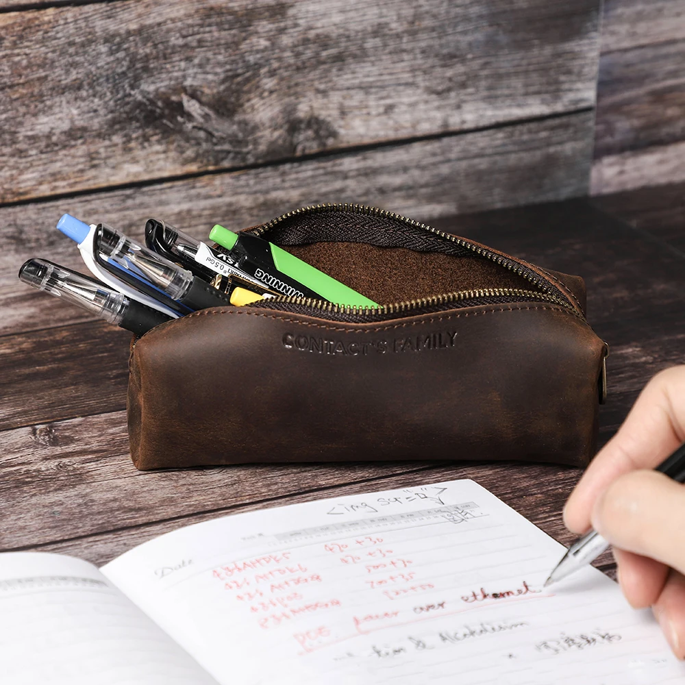 CONTACT'S FAMILY estuches escolares de cuero genuino Vintage niñas, niños y adultos, estuche de para bolígrafos, bolsas papelería|Bolsas para lápices| - AliExpress