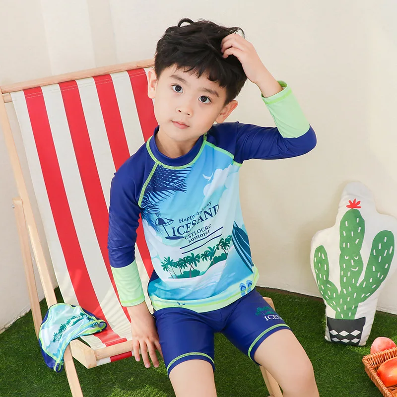 

Children Two-piece Swimsuits Big Boy Long Sleeve BOY'S Swimming Trunks Set Male Baby Diving Swimming Suit Capping-