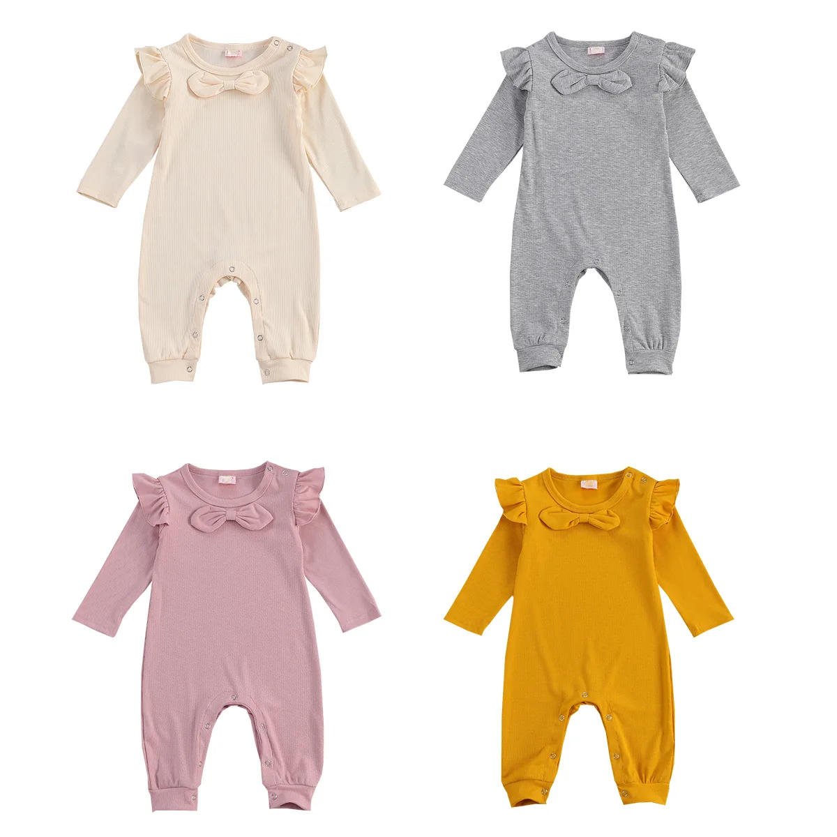 

0-18M Infant Baby Solid Color Jumpsuit, Toddler Kids Boys Girls Long Flying Sleeve Bow Ribbed Romper One Piece Casual Playsuit