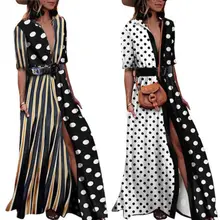 Большие размеры XXXL летнее сексуальное длинное платье в горошек в стиле пэчворк для женщин с глубоким v-образным вырезом и поясом вечерние футболки Макси платья