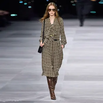 

European Grand Prix 2020 nian Spring and Summer Fashion zou xiu kuan Women Temperament Black Plaid Print Shirt Dress Tide