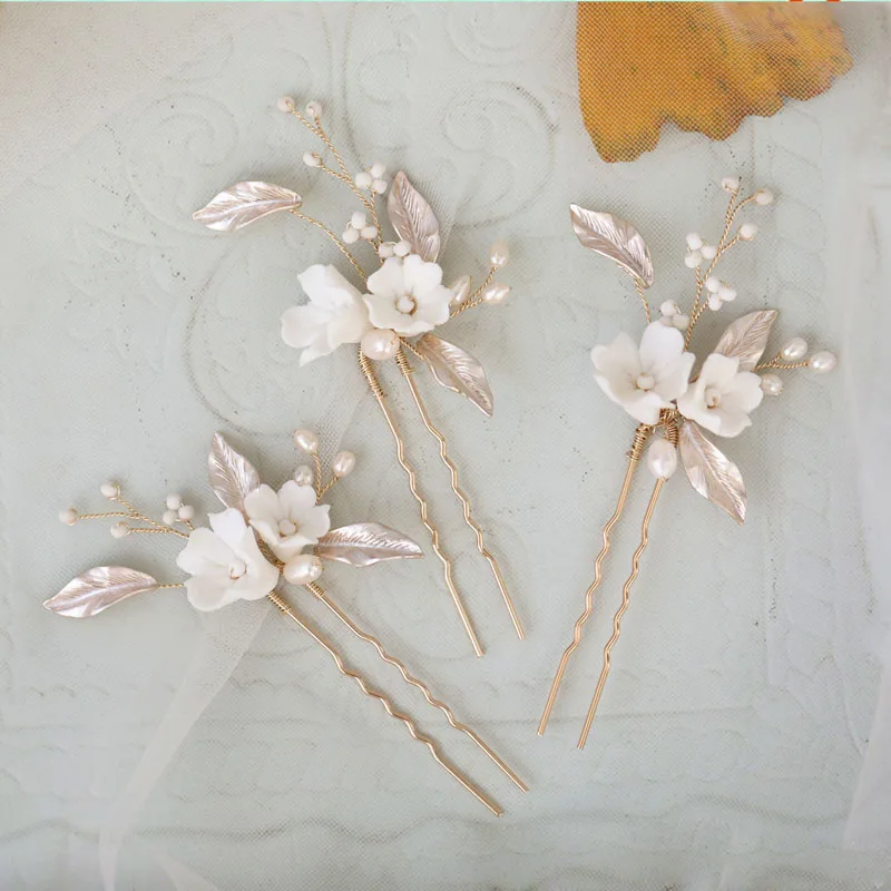 SLBRIDAL Handmade Freshwater Pearls Ceram Flower Bridal Hair Comb Hair Pin Set Wedding Headpieces Women Jewelry Hair Accessories
