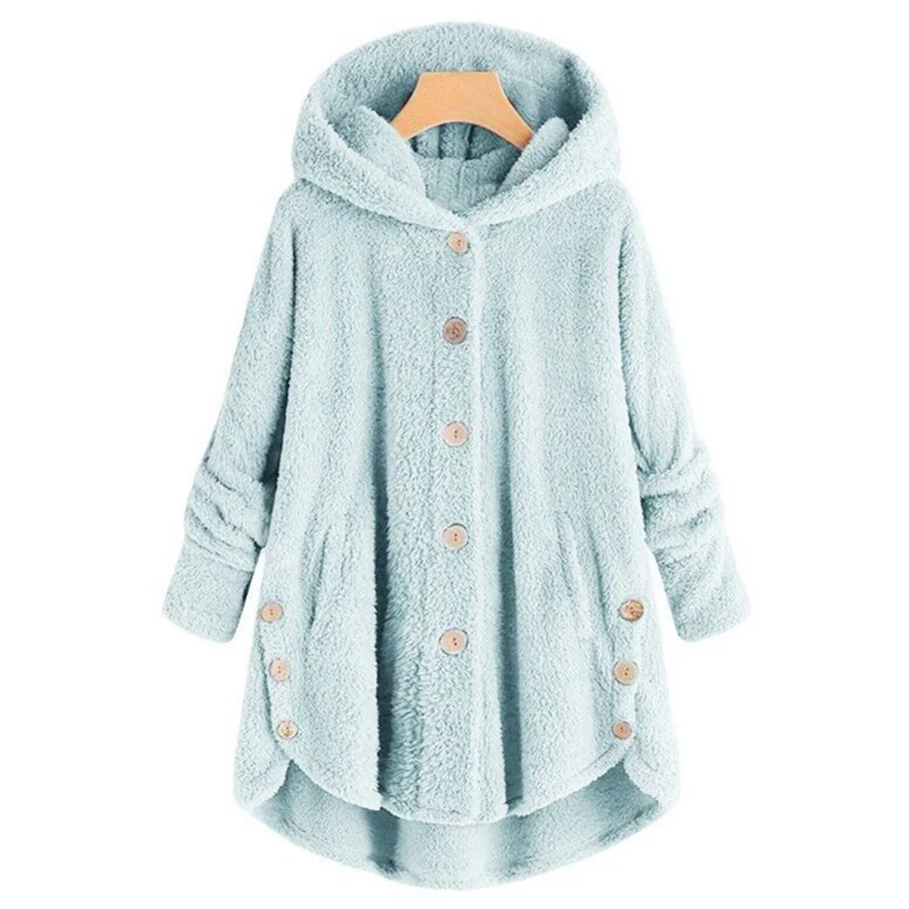 Новое горячее зимнее женское теплое пушистое пальто пуговица для верхней одежды куртки верхняя одежда свободный свитер YAA99 - Цвет: Небесно-голубой