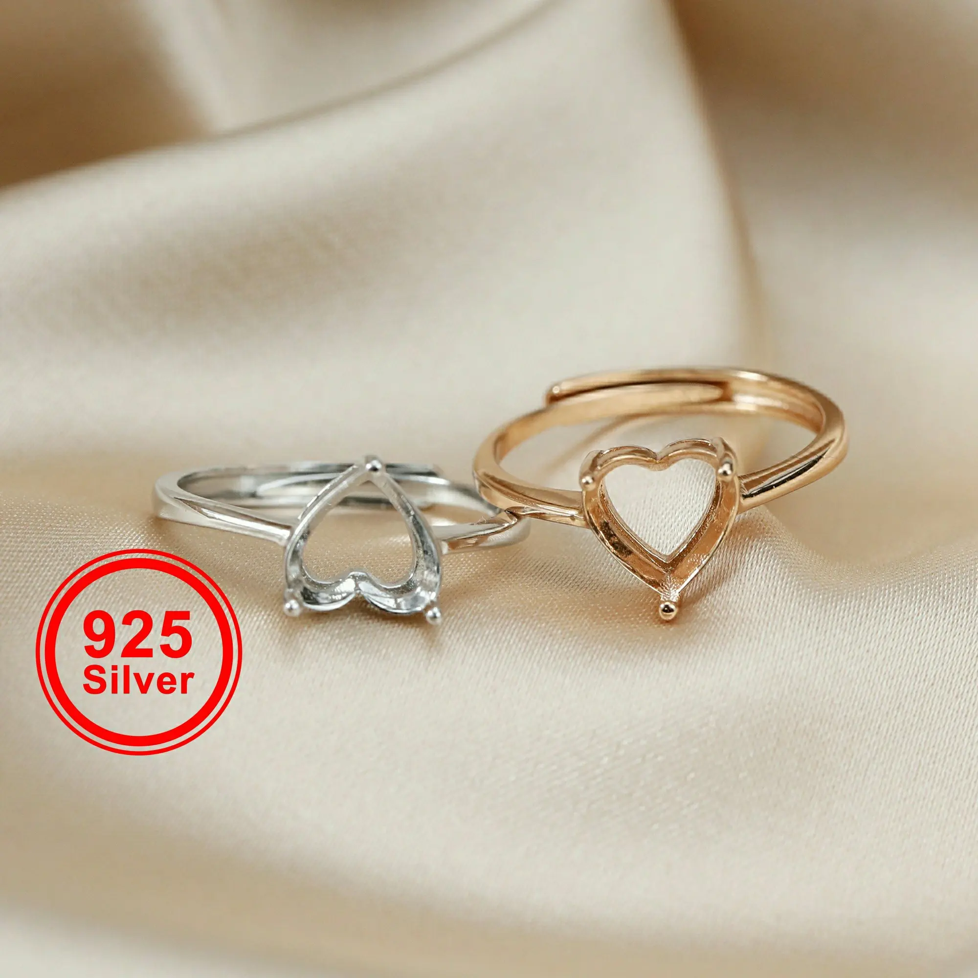 

4-13MM Rose Gold Plated Solid 925 Sterling Silver Simple Heart Prong Bezel DIY Adjustable Ring Settings for Gemstone 1294169