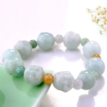

Natural Emerald Buddha head Bead Bracelet Elastic Bangle Jewellery Accessories Fashion Hand-Carved Woman Amulet Custom Made