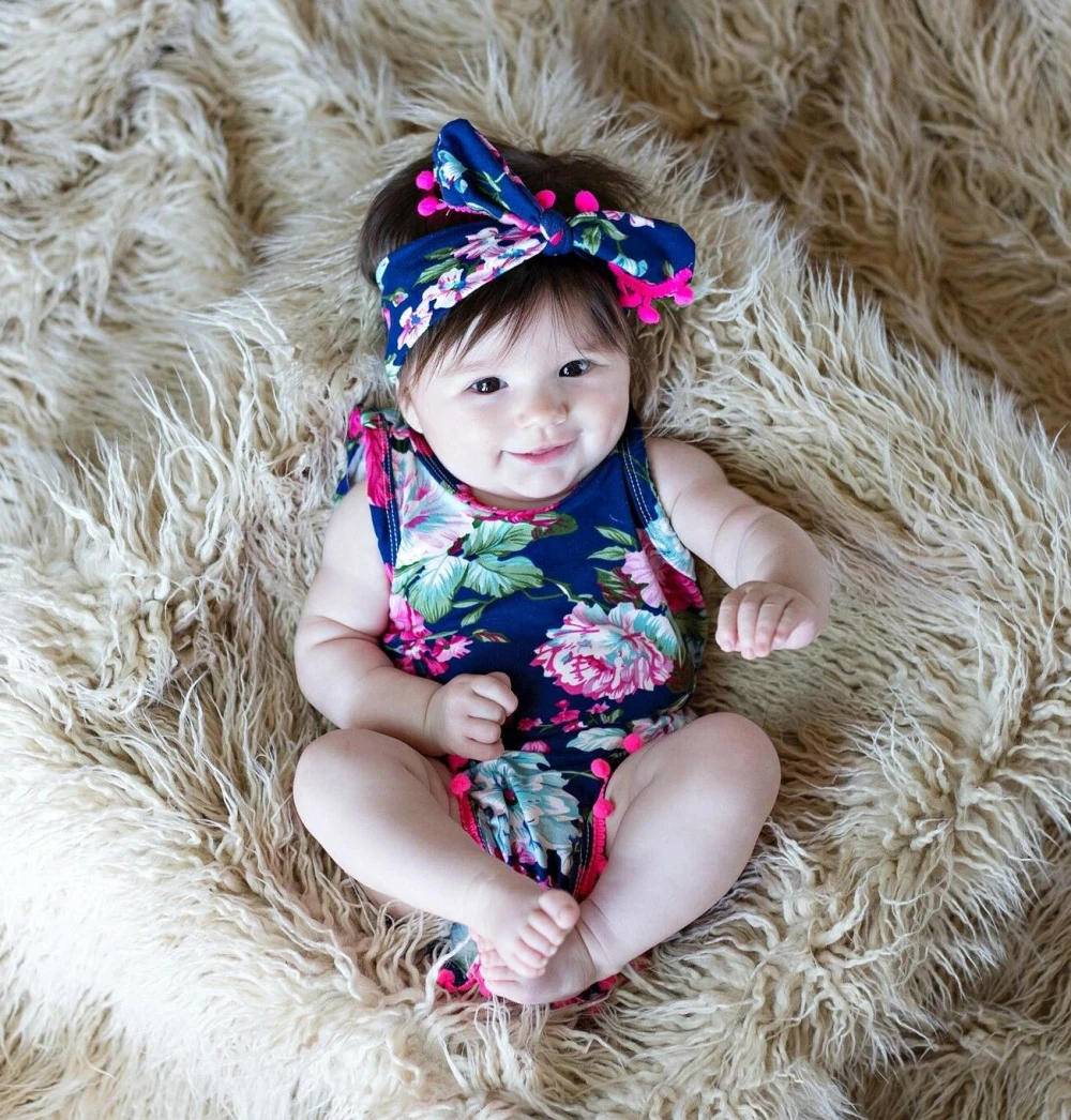 Комплект одежды для новорожденных 0-24 мес., 2 предмета, детский комбинезон, зеленый, синий, цветочный принт, боди для малышей, повязка на голову, комплект одежды для маленьких девочек