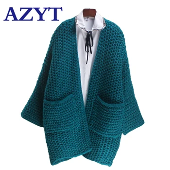 

AZYT Autumn Fashion Mid Long Knit Female Cardigan Jacket 2020 Vintage Loose Thicken Sweater Jacket Women Solid Knitshirt Jacket