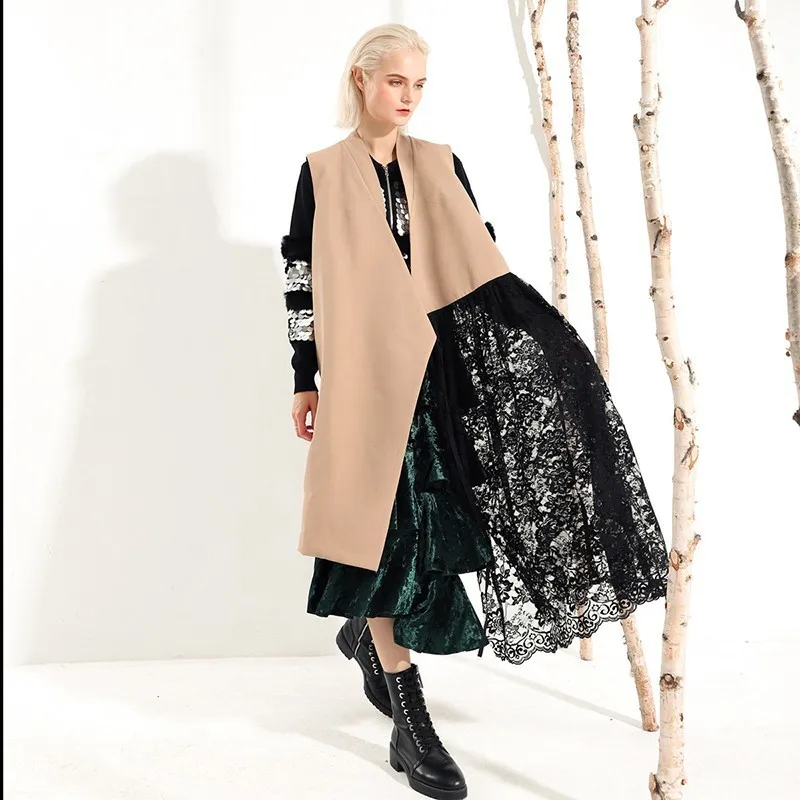 

Patchwork Lace Women's Vest Cardigan V Neck Sleeveless Asymmetrical Vests Female Autumn Fashion Outerwear 45