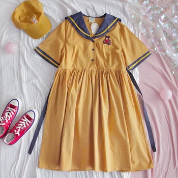 

Women Bear Embroidery Short-sleeved Dress Loose Students Japanese Harajuku College style Navy collar Cotton High waist Dress