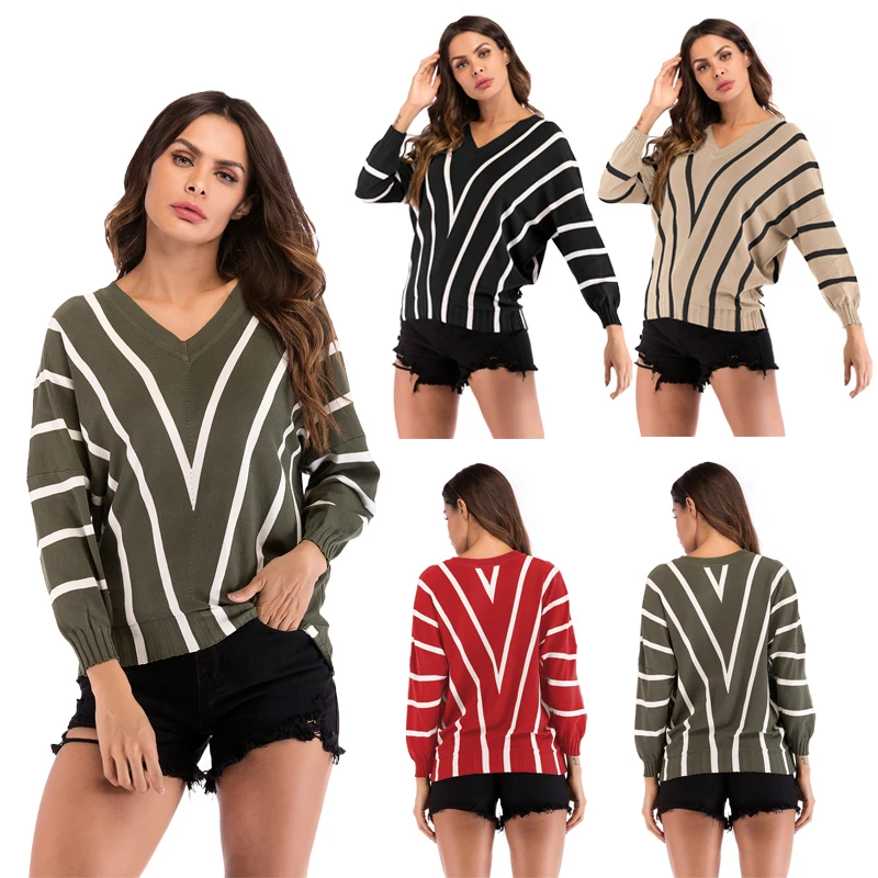 V-Shaped Loose Ladies Sweater Pullover Autumn And Winter New Pullover Women'S Fashion Casual Striped Sweater Sweater 5844