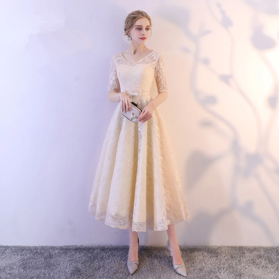 Вечернее платье с v-образным вырезом, рукав до локтя, Robe De Soiree, новинка, длина ниже колена, простые официальные платья, на шнуровке, с бантом, элегантные платья для вечеринки E106