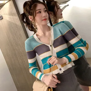 

Women Sweaters Autumn Winter Stripes Print Slim Long Sleeved Slim Slash Neck Knit Sweater Pullover Tops Seller Reccomend